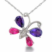 1.5CT DIAMOND, AMETHYST AND PINK TOPAZ BUTTERFLY PENDANT IN SILVER