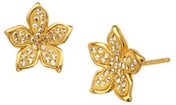 Flower Stud Earrings with Golden Swarovski Crystal in 14K Gold over Sterling Silver